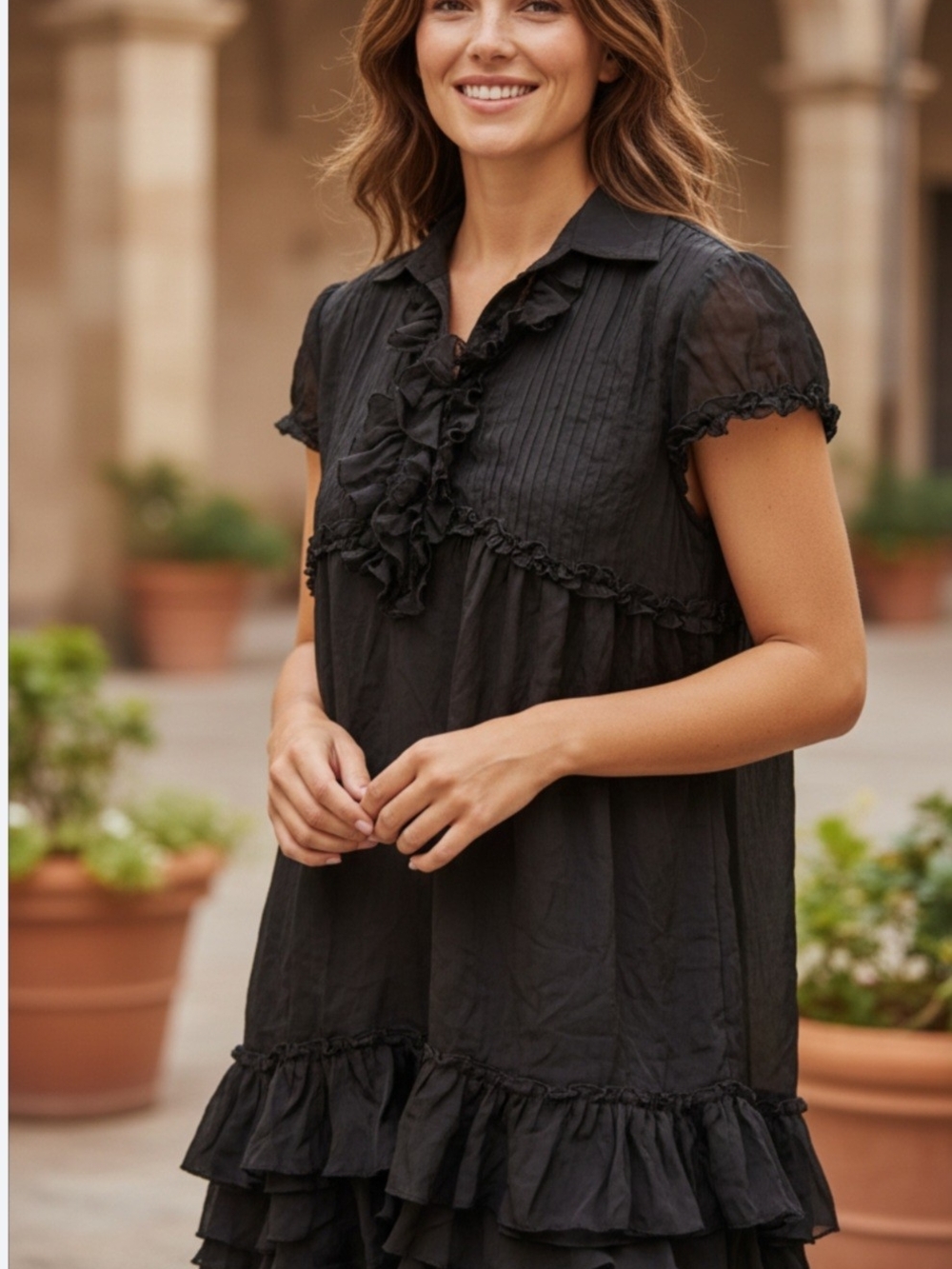 D&G Black Ruffle Pintuck Mini Dress